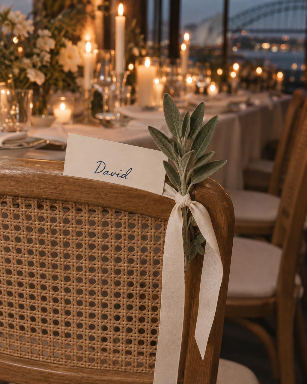 A guest card handwritten with the name David tied to the woven cane back of a venue chair with an ivory ribbon and a sprig of sage, a candlelit table and harbour lights blurred behind