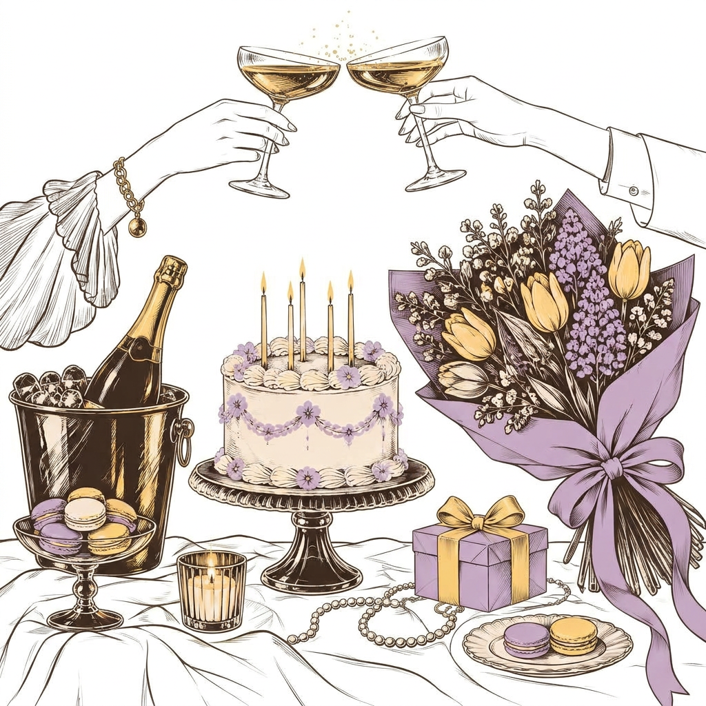 Illustration of champagne coupes clinking above a birthday cake, a ribbon-tied bouquet and a gift